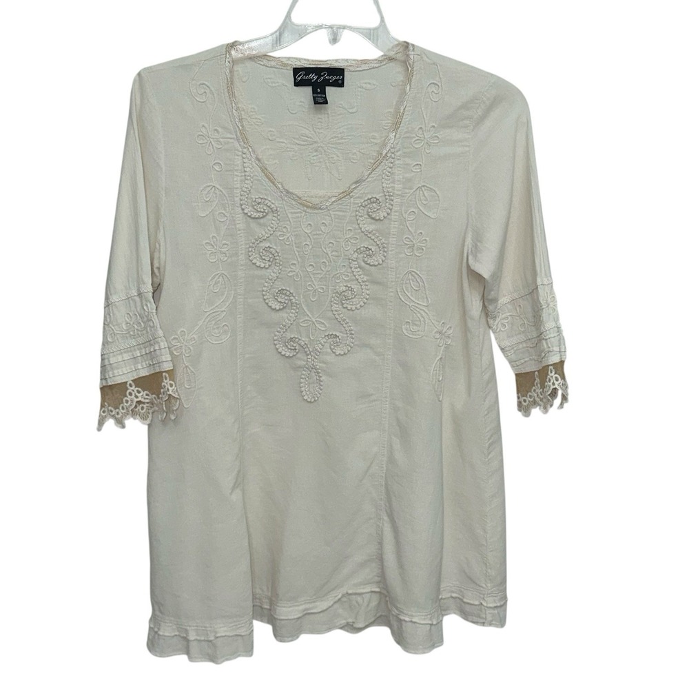 Gretty Zueger Cream Embroidered Lace Trim Tunic Blouse Western Shabby Chic Sz Sm